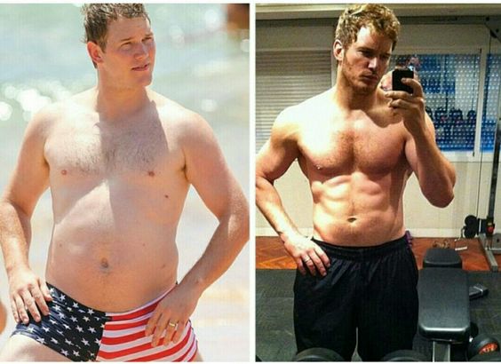 The Guardians of the Galaxy star Chris Pratt before losing his weight on the left and after losing weight on the right.